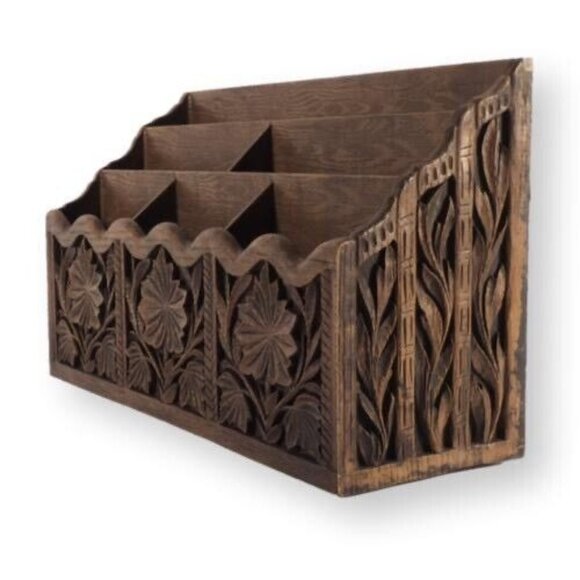 Vintage Desk Top Organizer MCM Lerner Molded Faux Carved Wood Letter Mail Bill - Picture 3 of 7